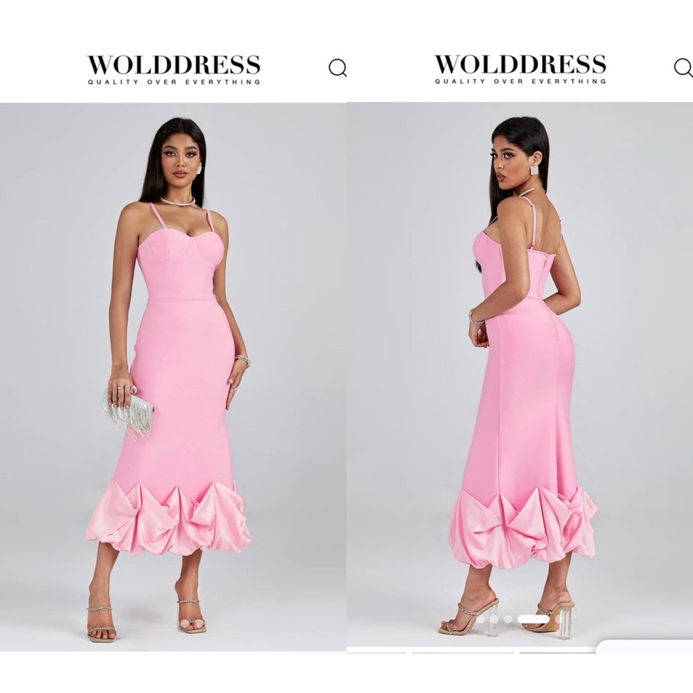 Wolddress Pink Ruffle Hem Women Dress Draped Bottom Flounced Bandage Dress S